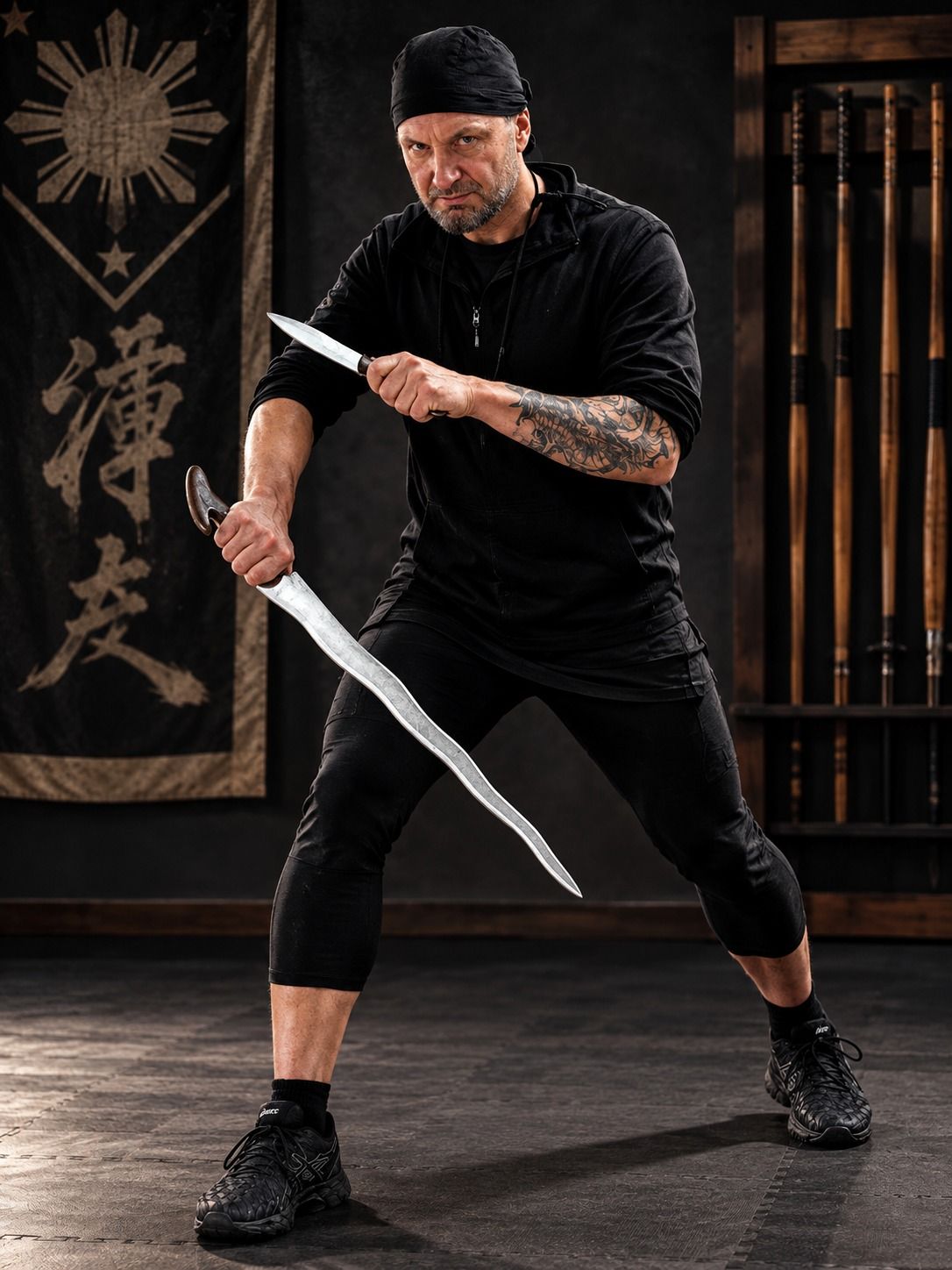 El guro Alfonso en guardia con espada tradicional Kris y daga